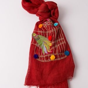 BUNAI Scarf Hand Embroidered Linen Bird Net